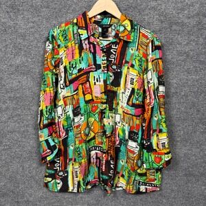 Ali Miles Size Small Shirt Green Rayon Nylon Toggle Long Sleeves Artsy Abstract